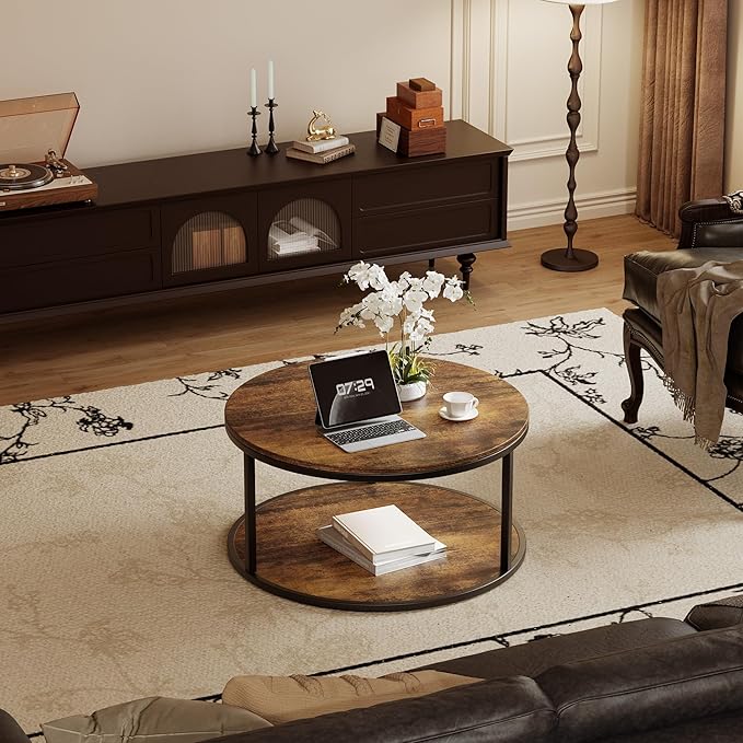 JUMMICO 36" Coffee Tables with Storage, 2-Tier Round Coffee Table, Center Table for Living Room, Furniture for Small Spaces, Brown