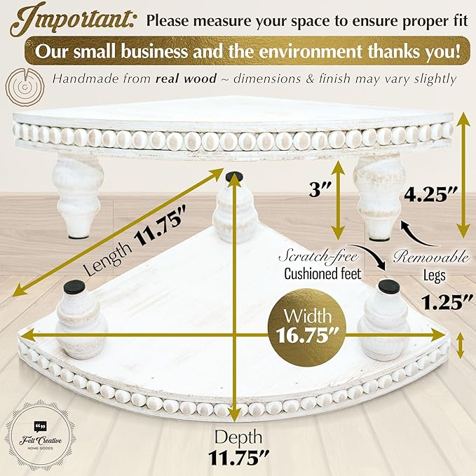 Corner Pedestal Stand Rustic Decor Riser for Display - Farmhouse Wood Rounded Beaded Tray for Kitchen and Bathroom Countertop Organizer, Coffee Bar, Plant Stand with Removable Feet (Rustic White)