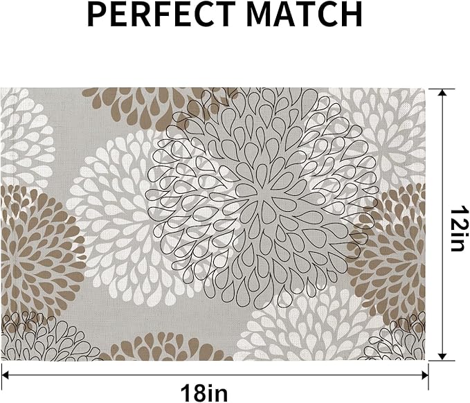 QIYI Boho Placemats Set of 4, 12x18 Inch Linen Fabric Place Mats for Kitchen Dinning, Farmhouse Rustic Floral Cloth Table Mats, Washable Placemat Party Table Décor, Brown Floral Burst
