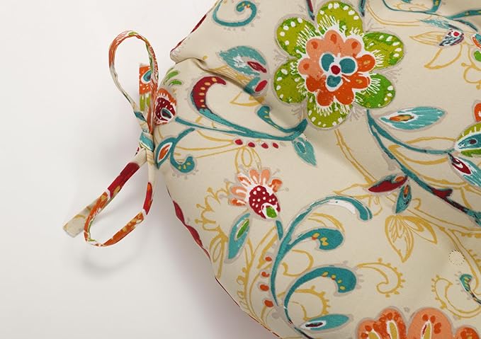 Pillow Perfect Bright Floral Indoor/Outdoor Chairpad with Ties Reversible, Tufted, Weather, and Fade Resistant, 15.5" x 16", Tan Fanfare 2 Count