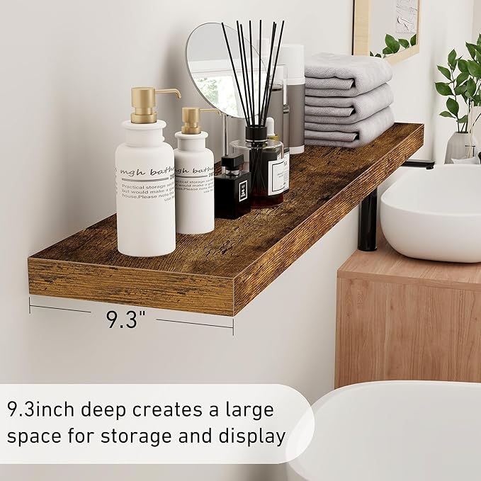 Fun Memories Floating Shelves - 9 Inch Deep Wall Shelf for Decor & Storage - Wall Mounted Display Shelving with Invisible Heavy-Duty Metal Bracket - 48" W x 9" D x 1.6" H - Set of 1 - Rustic Brown
