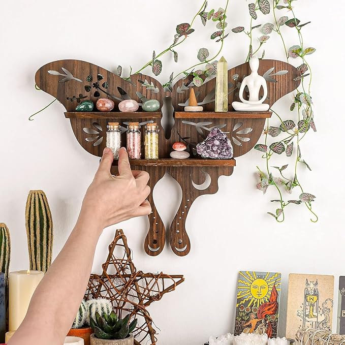 ANROYE Luna Moth Crystal Shelf Display, Boho Pine Wood Wall Floating Shelves with Light for Gem Stone Essential Oil Storage, Bohemian Wooden Butterfly Hanging Witch Rustic Decor Holder