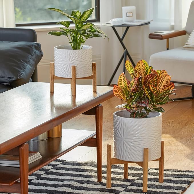 LA JOLIE MUSE White Planter with Stand,Mid Century Planters for Indoor Plants,Ceramic Plant Pot with Stand - 8 Inch Unique Modern Flower Pots Indoor with Drainage Holes