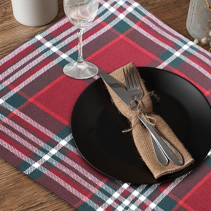 Urban VillaPlacemats Christmas Plaid 100% Cotton Fused Tablemats for Dining 14''x20'' Over Sized Set of 6 Placemats for Christmas Celebrations Wedding Parties Every Day Use Heavier QualityPlacemats