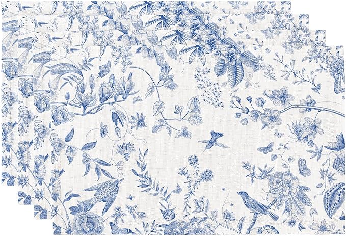 QIYI Boho Placemats Set of 4, 12x18 Inch Linen Fabric Place Mats for Kitchen Dinning, Farmhouse Rustic Floral Cloth Table Mats, Washable Placemat Botanical Party Table Décor, Blue Garden