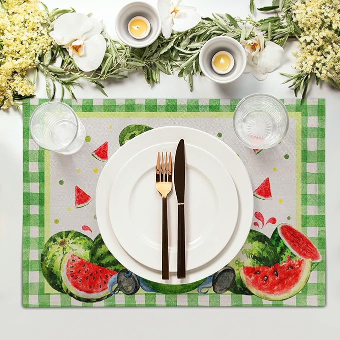 Watercolor Watermelon Gnomes Placemats Set of 4,Green Buffalo Check Plaid Rectangular Linen Kitchen Mats Summer Seasonal Place Mat 12 x 18 Inch for Kitchen Dining Table Decor