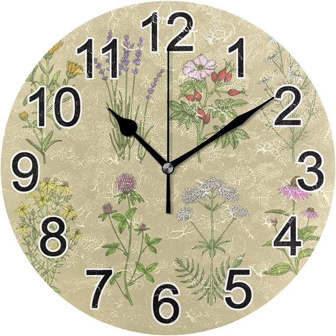 Herbs Botanical Wall Clock Non Ticking Silent Kitchen Clock Large Battery Operated Clocks 10 inch for Living Room Bedroom Decor