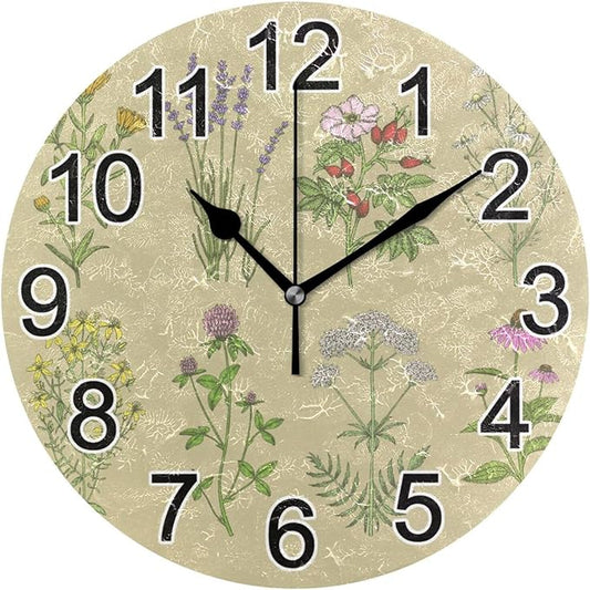 Herbs Botanical Wall Clock Non Ticking Silent Kitchen Clock Large Battery Operated Clocks 10 inch for Living Room Bedroom Decor
