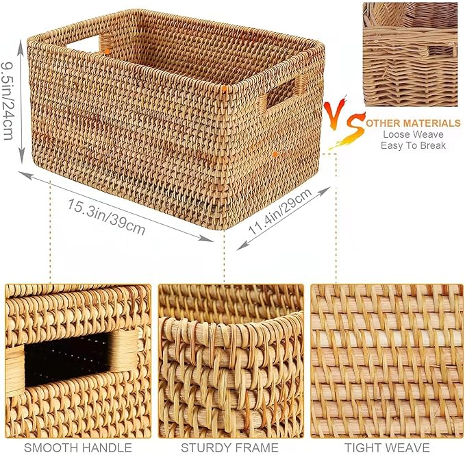 Rattan Basket With Lid, Large Lidded Basket For Storage(15.3" L×11.4"W×9.5"H)