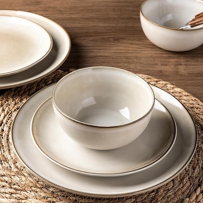 AmorArc Stoneware Dinnerware Sets for 6, 18 Pieces Handpainted Ceramic Plates and Bowls Set, Scratch Resistant Dishes Set, Dishwasher & Microwave Safe, Cappuccino