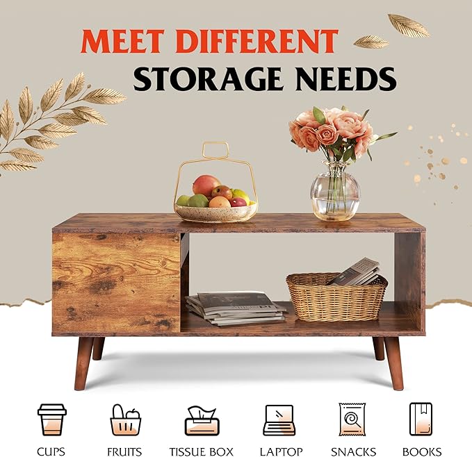 WLIVE Coffee Table, 39.4" Wood Coffee Table with Sliding Top up to 50" TV, Modern Center Table with Open Storage Shelf for Living Room, Bedroom, Rustic Brown