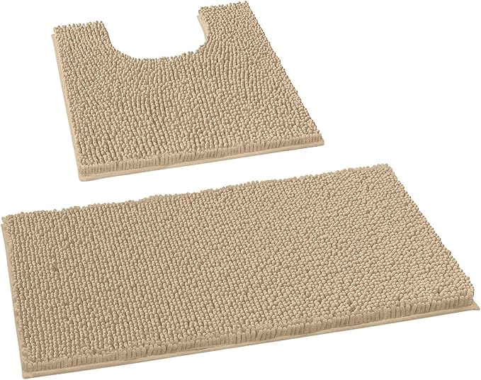 LuxUrux Bathroom Rugs Sets 2 Piece: Quick Dry, Soft Plush Anti-Slip, Super Absorbent. Includes Rectangular (31x20 inches) & U-Shaped Toilet Mat (20x20 inches) | Birch