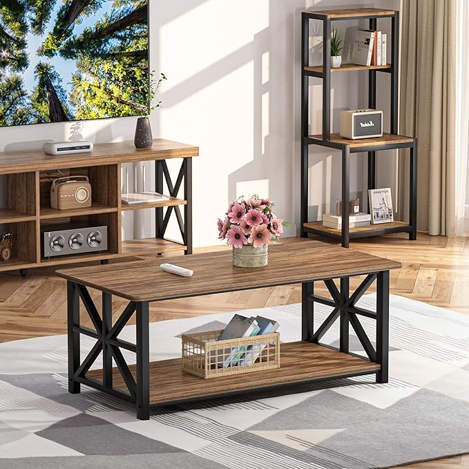 GreenForest Coffee Table with Round Corner, Farmhouse Center Table with 2-Tier Storage Shelf X-Frame Design for Living Room, 39 inch Walnut