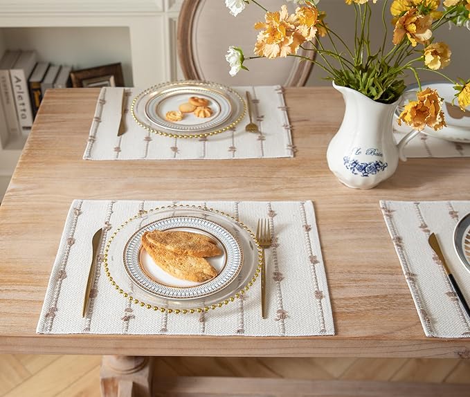 Boho Placemats Set of 4 for Dining Table Decor, Woven Cloth Place Mats for Farmhouse Rustic Kitche Home Decor, Cotton Placemats 13 x 19 Inch, Taupe and Beige Table mats