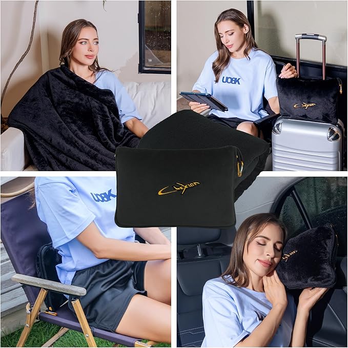 3 in 1 Travel Pillow and Blanket Set, Premium Soft 300 GSM Thick Airplane Blanket Compact with Bag for Long Trips Essentials, Hand Luggage Sleeve and Backpack Clip (Black)