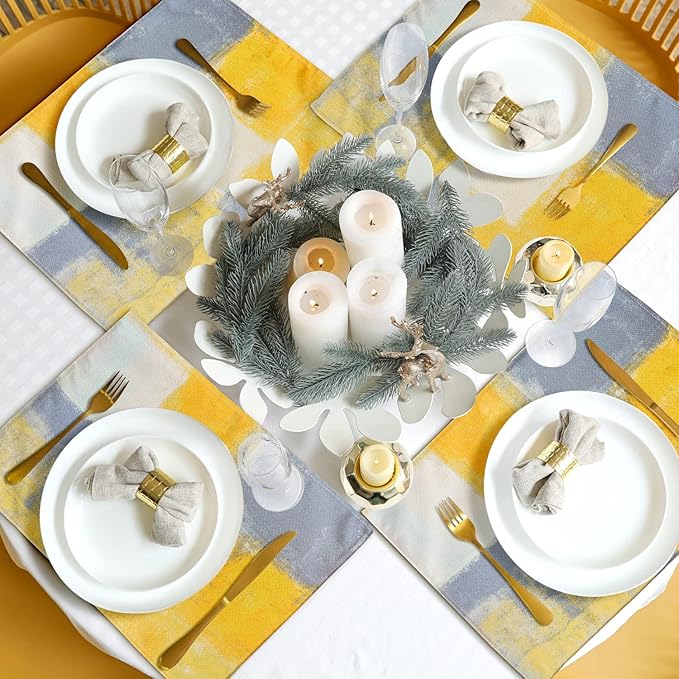 Yellow and Grey Abstract Art Placemats, Modern Art Placemats, Set of 4 Heat Resistant Non-Slip Artwork Dining Placemats, Washable Place Mats for Home Kitchen (Yellow and Grey, 18"X12")