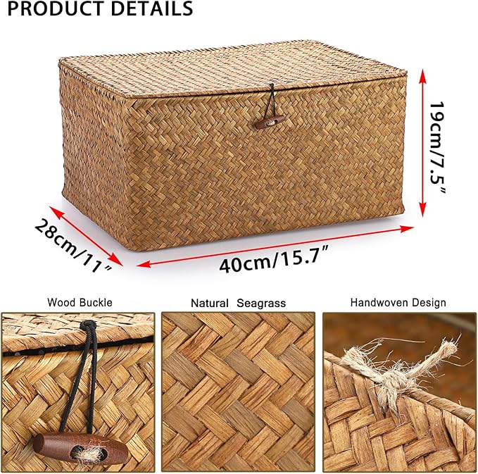 Hipiwe Wicker Shelf Baskets Bin with Lid, Handwoven Seagrass Basket Storage Bins Rectangular Household Basket Boxes for Shelf Wardrobe Home Organizer, Caramel X-Large
