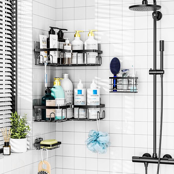 Moforoco 5-Pack Shower Caddy, L-Shaped, 10.2in Diameter, 90-Degree Right Angle, Rustproof, Easy Installation, 12 Hooks, Soap Holder, Adhesive Corner Shower Organizer, Black