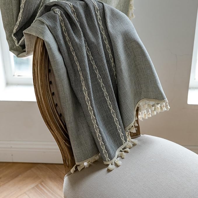 Sutuo Home Boho Curtains for Kitchen Nursery Room, Semi Blackout Linen Farmhouse Shabby Chic Tassels Window Treatment Bohemian Embroidery Drape, Rod Pocket 1 Panel 52" W x 63" L, Gray Linen