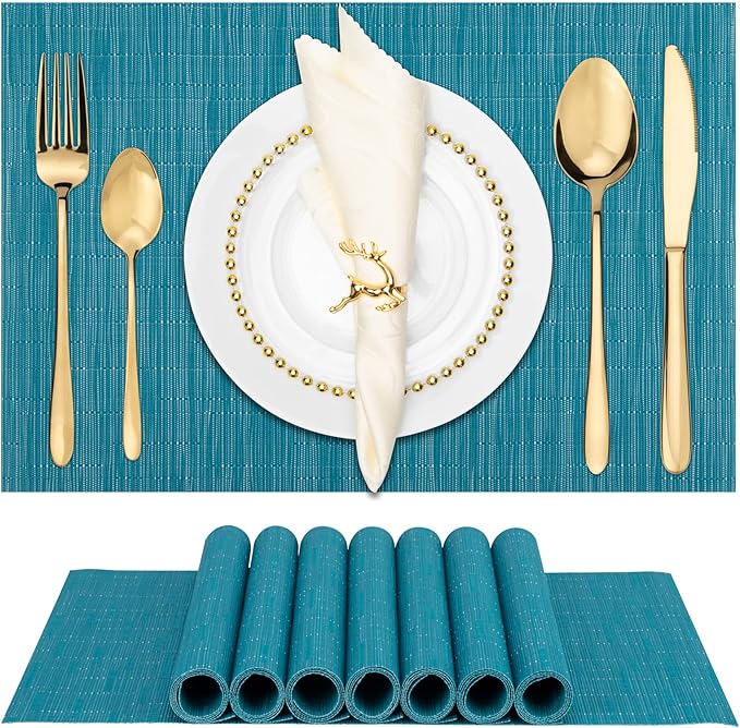 Winknowl Placemats, Washable Vinyl Woven Indoor and Outdoor Heat Stain and Water Resistant Elegant Table Mats for Dining Table Set of 8 (Blue)