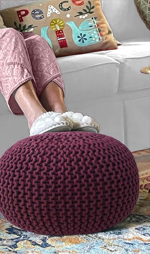 COTTON CRAFT Round Pouf - Hand Knitted Cotton Braid Cord Cable Dori Ottoman - Foot Stool - Floor Pouf Footrest Accent Seat Furniture Bean Bag - Living Room Kids Room Nursery Dorm Décor - 20x14 - Plum