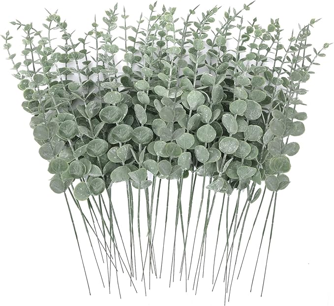 CEWOR 80pcs Artificial Eucalyptus Stems Fake Eucalyptus Leaves Stems Real Touch Leaf Branches for Flower Bouquet Wedding Easter Centerpiece Spring Home Office Decor
