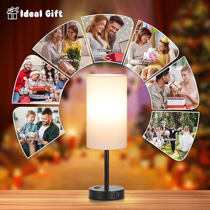 17.4inches Tall White Bedroom Lamps Set of 2-3 Way Dimmable Touch Table Lamps with USB C and A Ports, Lamps for Nightstand with AC Outlet, Desk Lamps with Black Base for Office