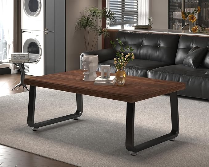 HSH Rustic Walnut Coffee Table, 39” Mid Century Modern Center Table, Rectangle Industrial Living Room Coffee Table, Simple Farmhouse Wood and Metal Tea Coffee Tables for Home Bedroom, Walnut, 39 in