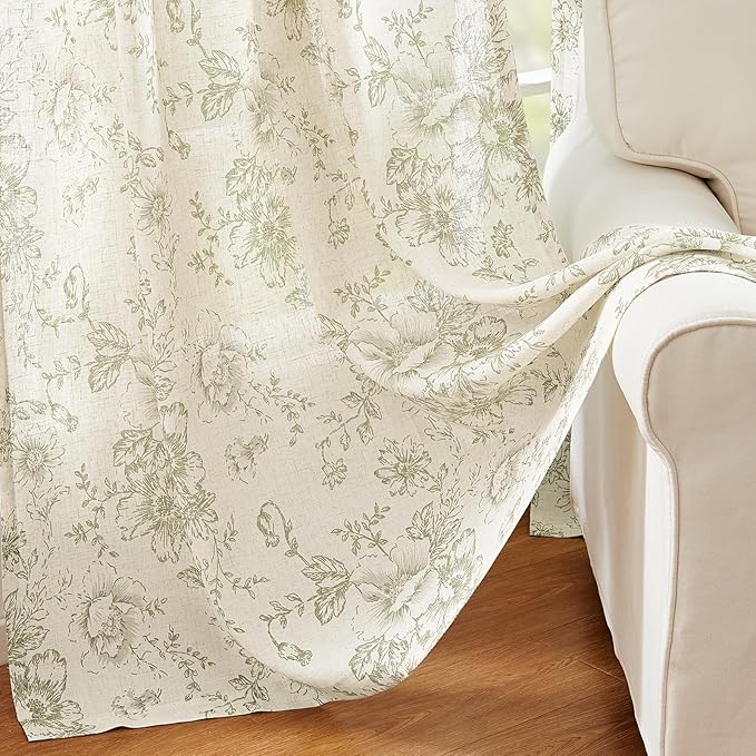 jinchan Linen Blend Curtain Floral Curtains for Living Room 90 Inch Length Sage Green Printed Curtain Rod Pocket Back Tab Farmhouse Peony Flower Patterned Drapes Bedroom Window Curtains Set 2 Panels
