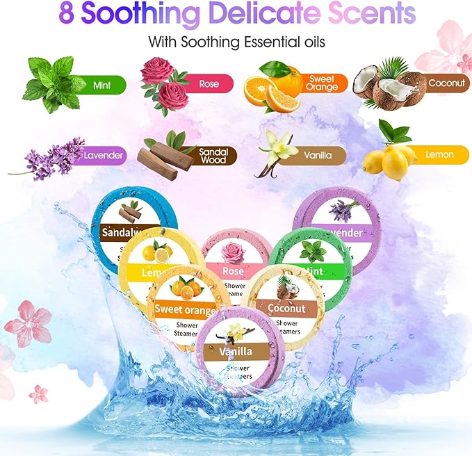 Shower Steamers Aromatherapy, 8 Pack Shower Bombs Gift Set with Essential Oil Lavender Coconut Shower Tablets for Women Men Home Spa Mothers Day Gift Stress Relief Relaxation Gift