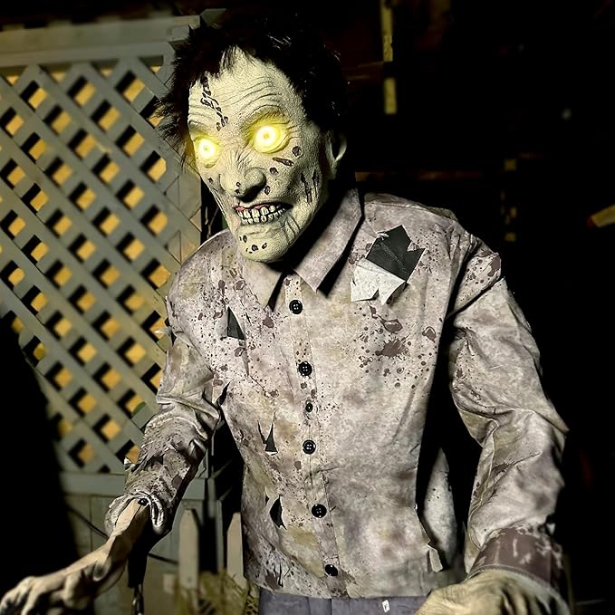 Haunted Hill Farm Motion-Activated 6-Ft. Tall Guard Zombie, Plug-in Scare Prop Animatronic with Spooky Sound Effects and Lights for Indoor or Covered Outdoor Creepy Halloween Decoration