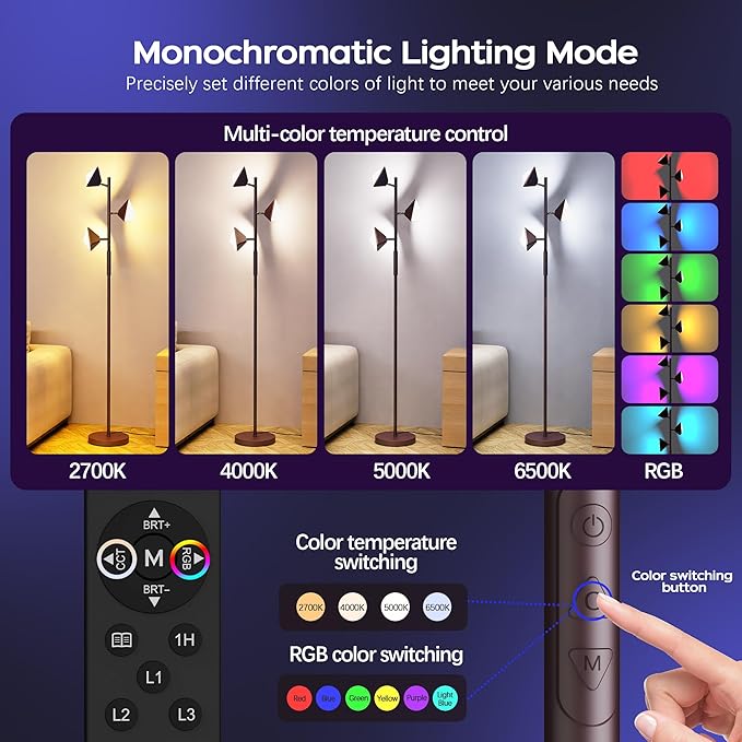 QiMH Modern Oil Rubbed Bronz RGB Floor Lamp, 36W LED Standing Lamp with 3 Lights, Dimmable Smart Lamp with Remote & Touch Control, Colors Changing & DIY Mode, for Living Room & Bedroom