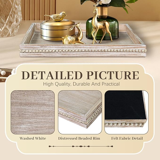 Wooden Decorative Tray, Rectangular Serving Tray with Wood Bead, Farmhouse Big Tray for Ottoman, Countertop, Coffee Tabl, 16.5" x 13"x 1.6" (White Washed)