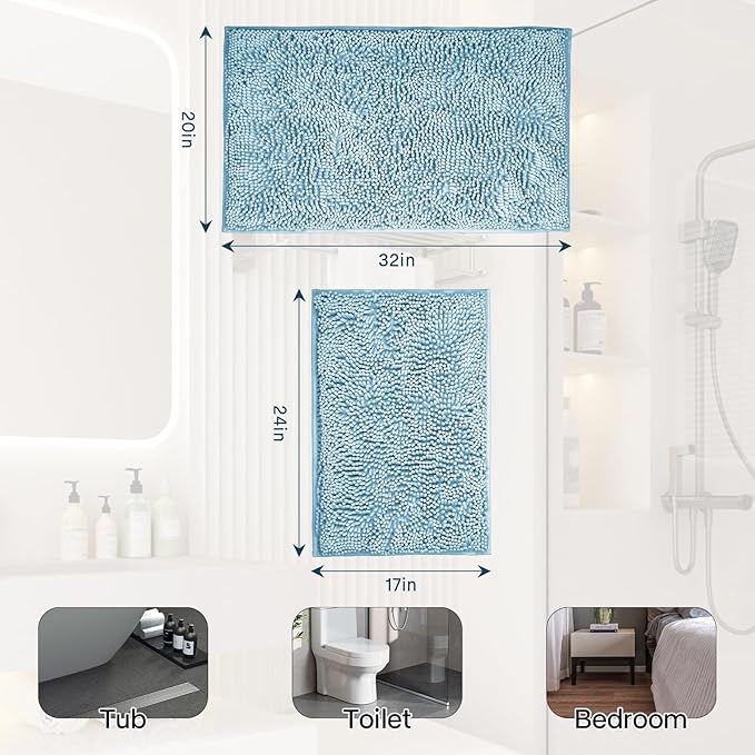 Bathroom Rugs 2 Pieces Chenille Bath Rug Mat, Extra Thick and Soft Absorbent Bath Rugs, Machine Washable, Non-Slip Plush Bath Mats for Tub, Shower, Room, (Light Blue, 32"x20"+24"x16")
