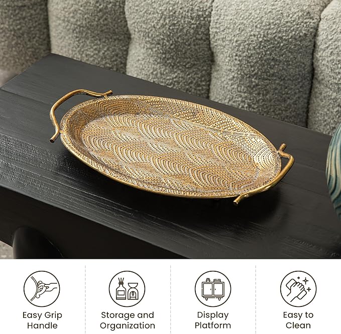 Glitzhome Set of 2 Vintage Gold Decorative Trays with Handles, Metal Large Oval Jewelry Decorative Trays, Bathroom Dresser Vanity Trays