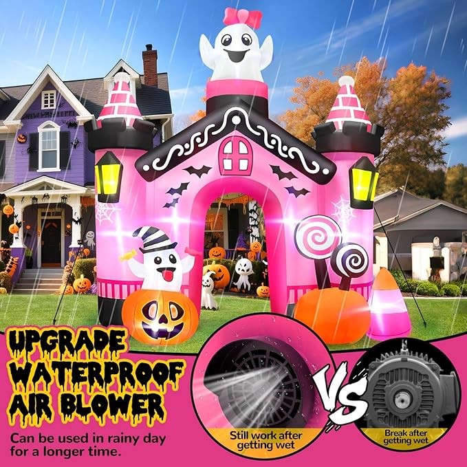 Kalolary 12 FT Halloween Inflatables Ghost Archway Outdoor Decorations, Pink Castle Arch Blow Up Yard Decorations Scary Inflatable with Build-in Lights for Yard Garden Lawn Indoor Outdoor Decor