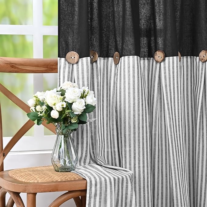 ASPMIZ Cotton Linen Farmhouse Curtains for Living Room, Boho Rustic Window Curtain Panels, Black with Grey Stripe Country Curtains for Bedroom, Back Tab Modern Drapes for Windows 52 x 84 Inch 2 Panels