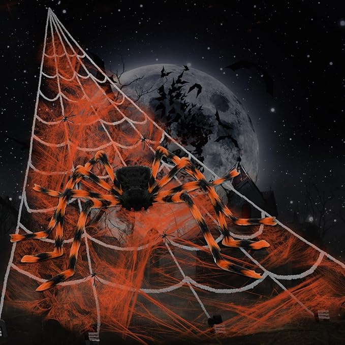 Halloween Spider Web and Giant Spiders Decorations Set Triangle Spider Web & Realistic Scary Fake Large Hairy Yellow Spider Props for Indoor/Outdoor Porch & Yard Parties Haunted House Halloween Décor