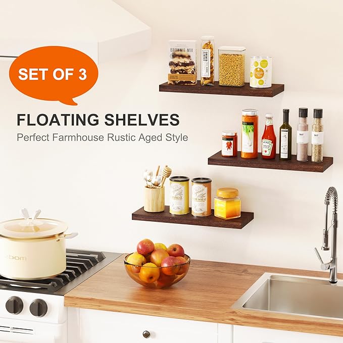 3 Packs Floating Shelves for Wall Storage Rustic Farmhouse Antique Vintage Retro Primitive Cottage Magnolia Southwest Western Fall Home Decor Mounted Living Room Bedroom Dorm Hanging Shelf Brown