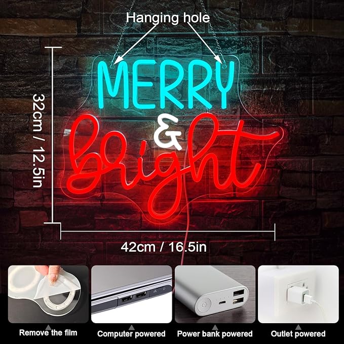 NOSUN Merry Bright Neon Sign,Merry Christmas Neon Signs Christmas Sign Light with Acrylic Board,Dimmable Switch Neon Sign,Christmas or Indoor Party Kids Bedroom Wedding Bar Pub Club Christmas Decor