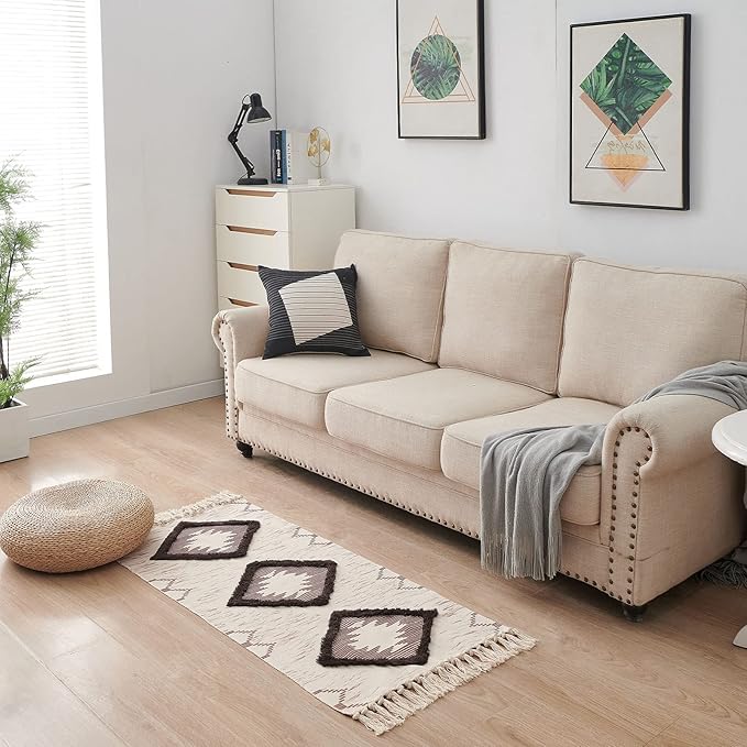 Boho Runner Rug 2'x4.3', Washable Hallway Rug Runner Non Slip Rubber Backed, Kitchen Farmhouse Area Rug Floor Mat with Tassels, Tufted Woven Cotton Entryway Carpet, Brown