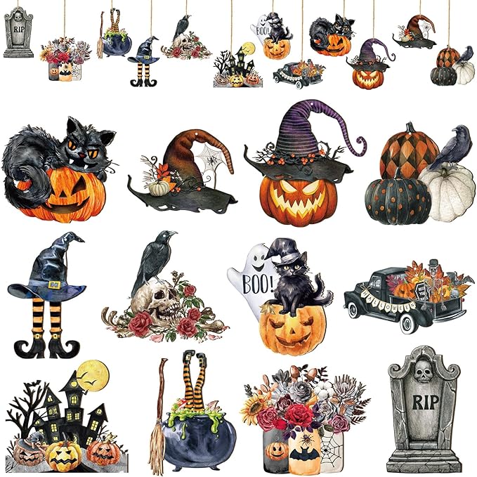 Huwena 36 Pcs Halloween Wood Ornament for Tree Vintage Ornaments Wooden Halloween Hanging Decorations Pumpkin Witch Black Cat Wood Cutouts with Ropes for Home Party Decor(Witch Hat)
