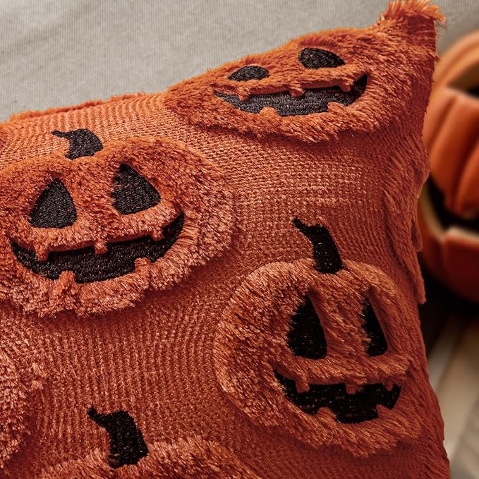 MIULEE Fall Halloween Throw Pillow Covers 18x18 Decorative Pumpkin Pattern Pillowcases Soft Plush Faux Wool Cushions for Home Patio Sofa Couch,Dark Rust