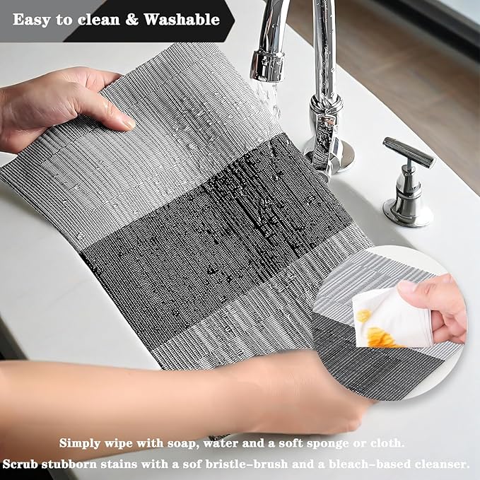 Black Gray Placemats Set of 4 - Heat Resistant Non-Slip Place mats for Dining Table, Washable Durable PVC Vinyl Woven Table Mats (Black Gray, 4)