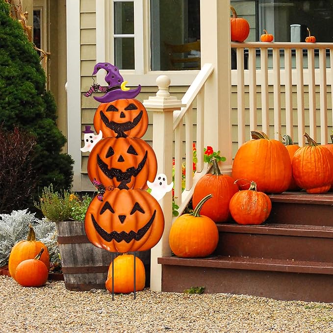 Halloween Yard Decorations Stakes, Stacked Metal Pumpkins Halloween Outdoor Decorations, Trick or Treat Yard Signs for Outdoor Lawn Patio Pathway Decor, Set of 3 Pcs