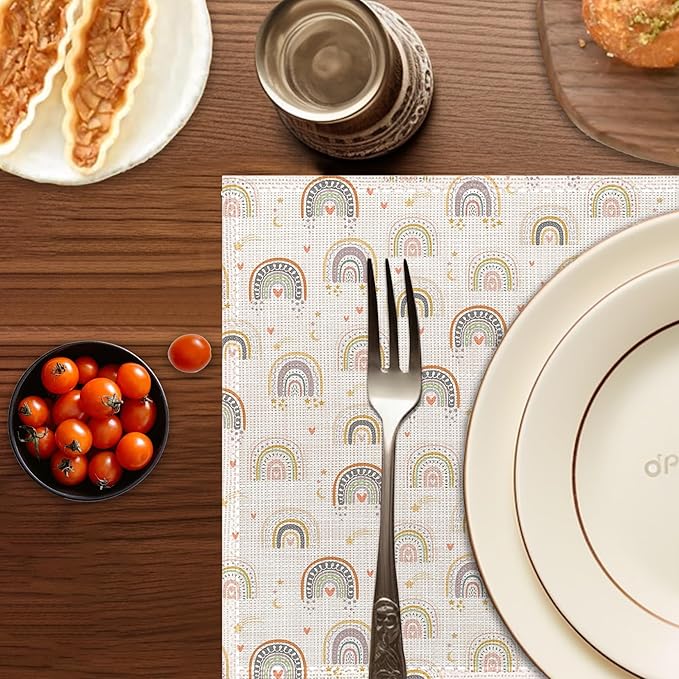 Boho Rainbow Placemats Set of 6,Washable Heat Resistant 12×18 Inch Linen Table Mats Cute Place Mats for Party Outdoor Dining Décor