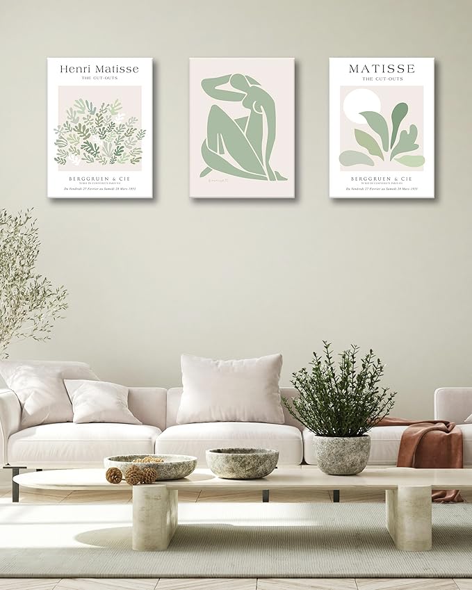 Matisse Sage Green Framed Wall Art,Abstract Green Canvas Wall Decor.12x16in Plants Botanical Poster Prints,Minimalist Classic Home Decoration for Living Room Bedroom Bathroom Office,Set of 3