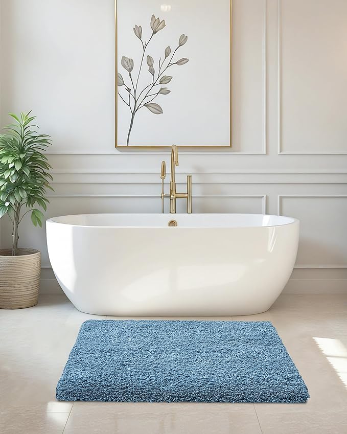 ILANGO Blue Bathroom Rugs 24" × 17" Small Non Slip & Super Absorbent Extra Thick Soft, Washable Bath Mat for Floor, Microfiber Plush Shaggy Bath Rug with Rubber for Bathtub Shower Room Sink