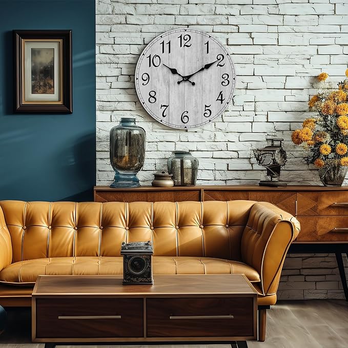 HYLANDA Wall Clock, Rustic Wall Clocks Battery Operated Silent Non Ticking, Country Round Wooden Clocks Farmhous Wall Decorative for Kitchen, Bathroom, Living Room (Gray 8 Inch)