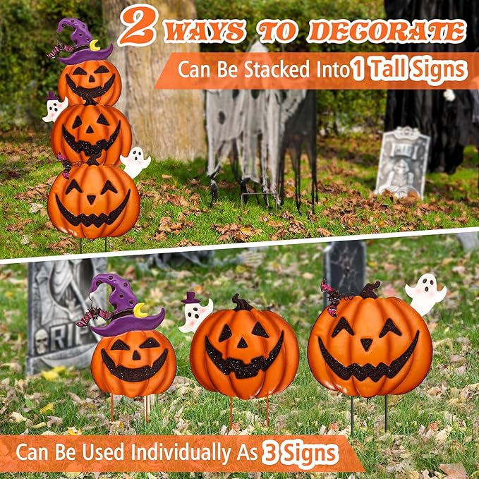 Halloween Yard Decorations Stakes, Stacked Metal Pumpkins Halloween Outdoor Decorations, Trick or Treat Yard Signs for Outdoor Lawn Patio Pathway Decor, Set of 3 Pcs